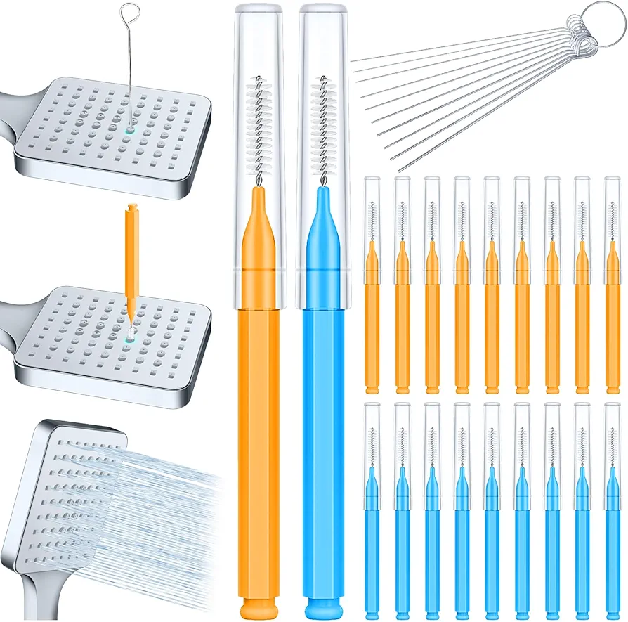 Shower Head Cleaner Tool, Small Gaps Hole Anti-Clogging Shower Head Cleaning Brush, Showerhead Cleaner Picks Tiny Nozzle, 30 pcs, Orange Blue