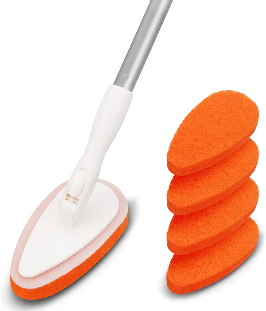 Qaestfy Bathtub Scrubber, Adjustable Long Handled Scrub Brush with 51 Inch Handle, 5 Non-Scratch Scouring Pads for Cleaning Tile Shower Bathroom Vessel Sinks Toilet Wall Floor