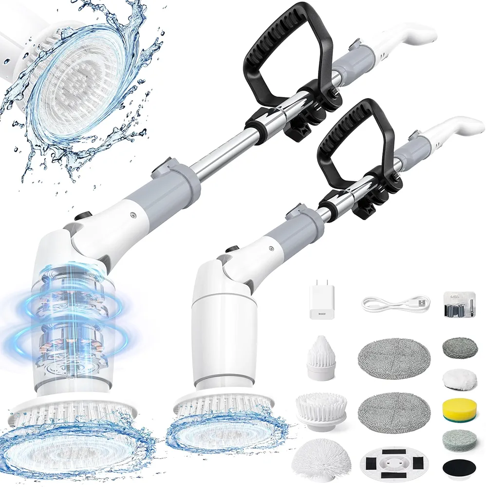 Electric Spin Scrubber, Cordless Cleaning Brush Shower Scrubber Up to 550 RPM with 9 Replaceable Brush Heads, Bathroom Scrubber Adjustable Extension Handle for Bathroom Tub Kitchen Car (Grey)