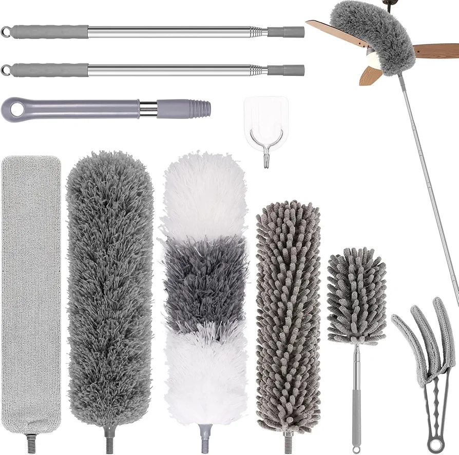 Cleaning Microfibre Duster, 10 pcs Feather Duster, Retractable, Up to 100 Feet in Length, Washable, Bendable and Reusable, Long Handled Household Cleaning Duster. for Cleaning Furniture (Gery)