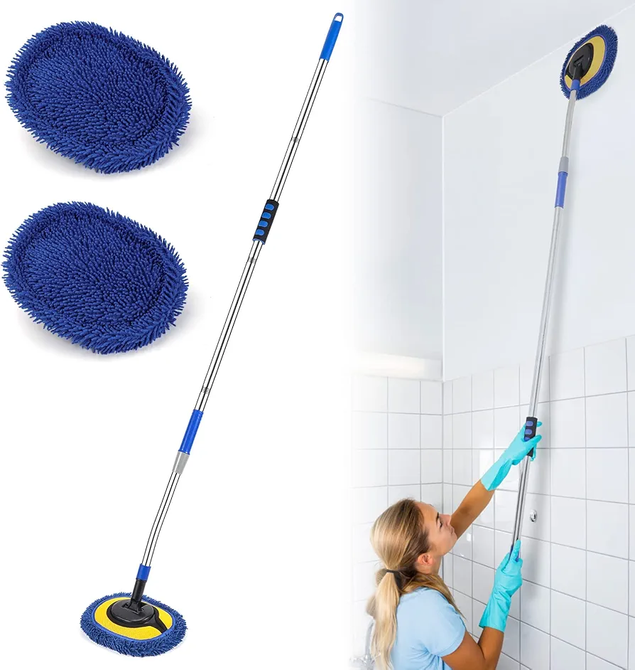 Wall Cleaner, Max 66'' Wall Mop with Long Handle, Ceiling Dust Mop with 15° Labor-Saving Elbow Extension Pole, Baseboard Duster Washer Scrubber, High Reach Window Cleaning Brush, Roof Cleaning Tool-BU