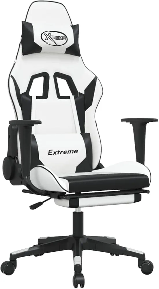 vidaXL Faux Leather Gaming Chair with Adjustable Backrest and Footrest, 360-degree Swivel Design, Easy to Assemble, White and Black