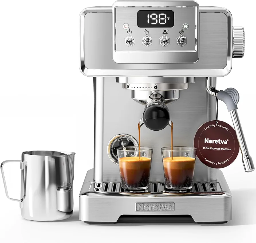 Neretva Espresso Machine, Professional Stainless Steel Espresso Maker 15Bar Instant Heating Espresso Coffee machine with Pressure Gauge/Milk Frother for Home Barista, Latte Machine, Cappuccino Machine