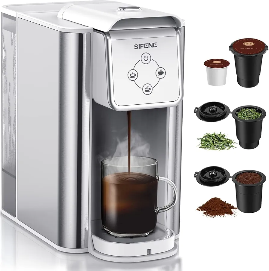 SIFENE Single Serve Brewer, 3-in-1 Coffee Machine for Coffee Pods, Ground Coffee, & Loose Tea, 6-10oz Brew Sizes, 50oz Removable Tank, 1150W, Compact, Efficient, White