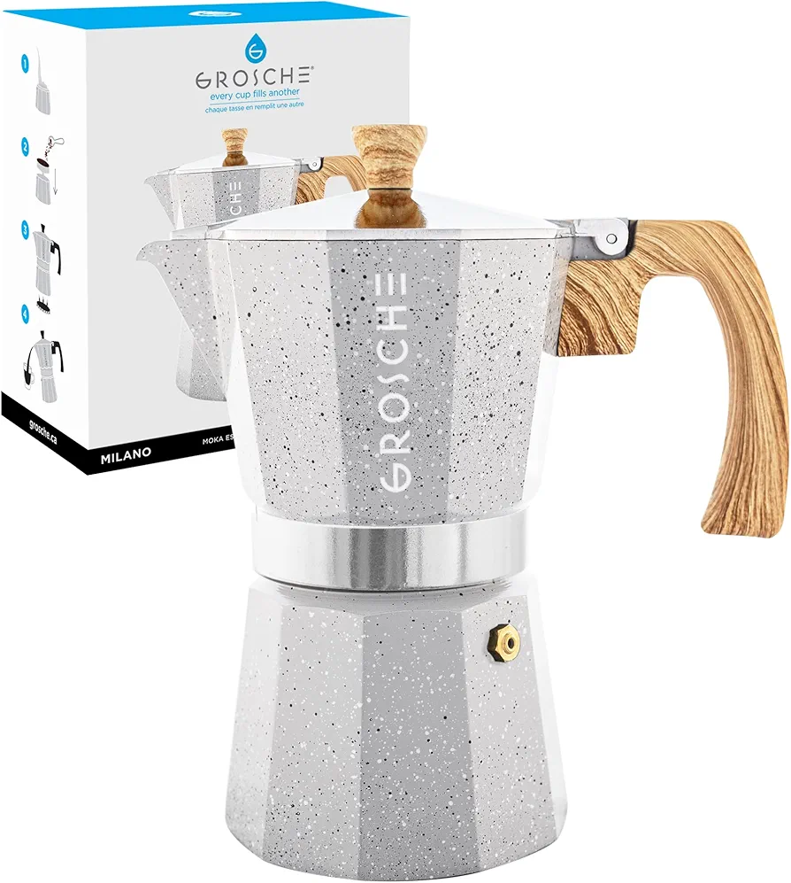 GROSCHE Milano Moka pot, Stovetop Espresso maker, Greca Coffee Maker, Stovetop coffee maker and espresso maker percolator (Grey, 6 cup)