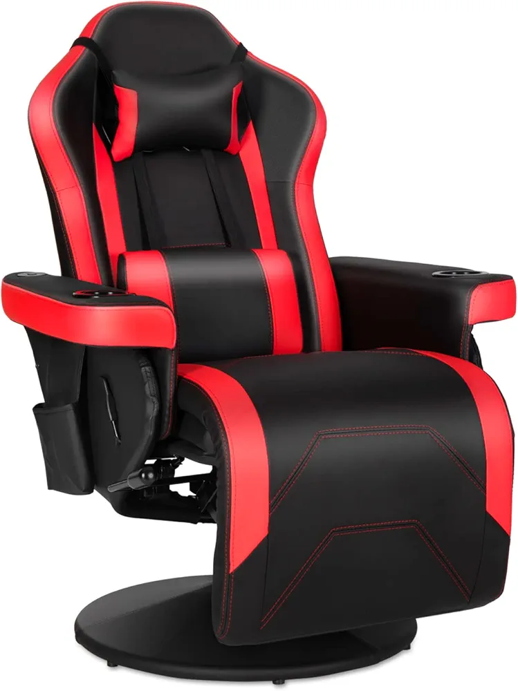 Modern-Depo Black Red Gaming Recliner Chair with Massage, Speakers, Cup Holders, Adjustable Backrest and Footrest, PU Leather, 264.5 lbs Capacity