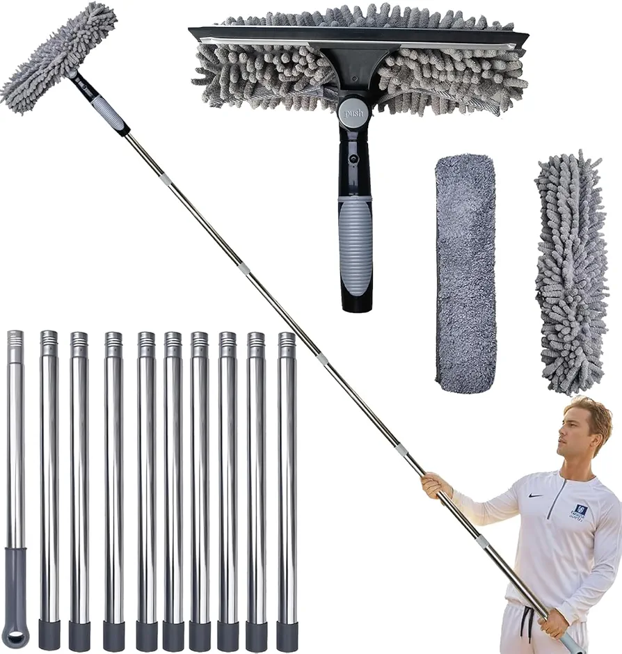 20+ Feet Reach 2 in 1 Window Washing Squeegee & Duster with 3-14 ft Spliceable Extension Pole // Window Cleaning Tool & Window Washer Squeegee With 2 Replace Pad for Home Indoor Outdoor Window Washing