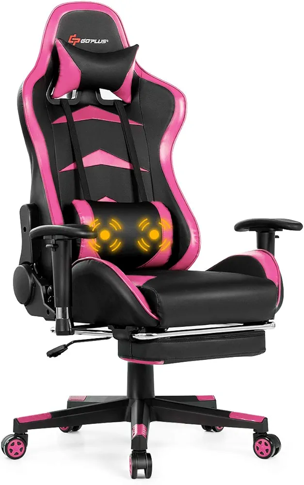 POWERSTONE Gaming Chair with Footrest and Lumbar Massage, Racing Computer Desk Chair Ergonomic Video Game Chair Recliner with Headrest Lumbar Support Adjustable Armrests,Black & Pink