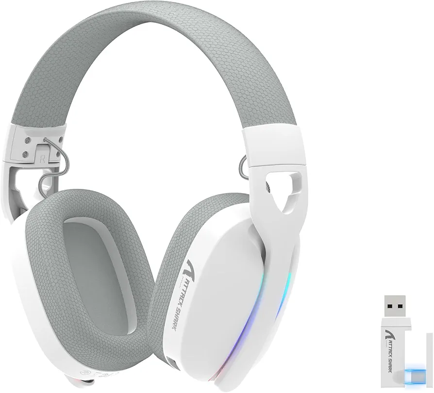 ATTACK SHARK L90 RGB Wireless Gaming Headset for PS4/PS5/PC/Xbox,2.4Ghz Bluetooth Gaming Headphone with Mic,Lightweight,Foldable,Customize via Software - White