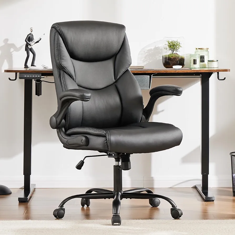 OLIXIS Ergonomic Home Office Desk Chair - Executive Big Tall High Back with Comfy Lumbar Support & Flip Up Armrest, PU Leather Computer Gaming Task with Swivel Wheels, Height Adjustable, Black