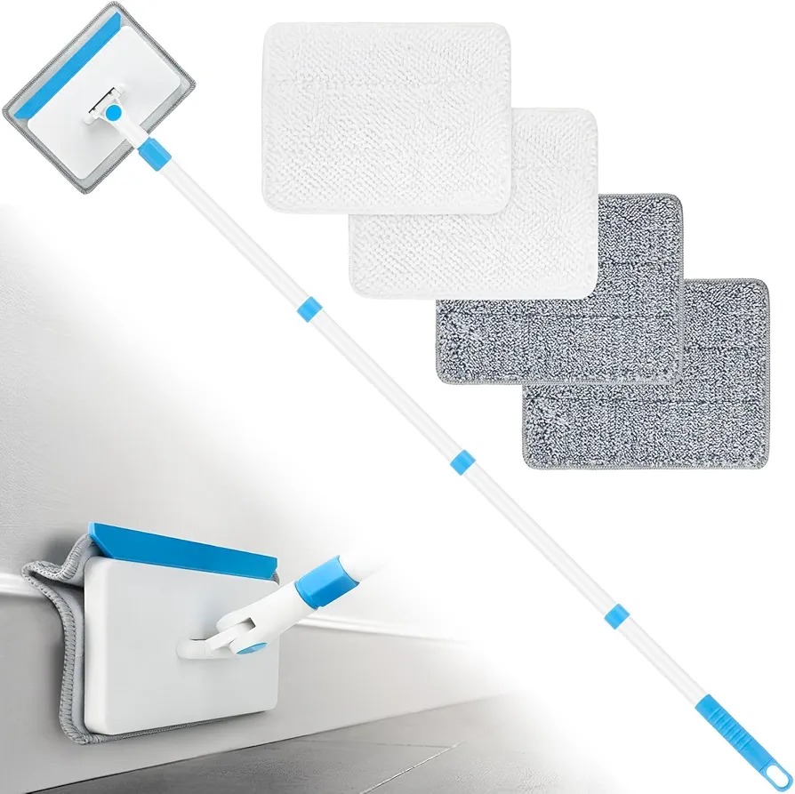 Baseboard Cleaner Tool with Long Handle,Wall Cleaner Mop with Extendable Handle,Duster Cleaning Tools Mop for Baseboard Floor Skirting Board,Ceiling Wall Window Cleaner with 4 Reusable Pads