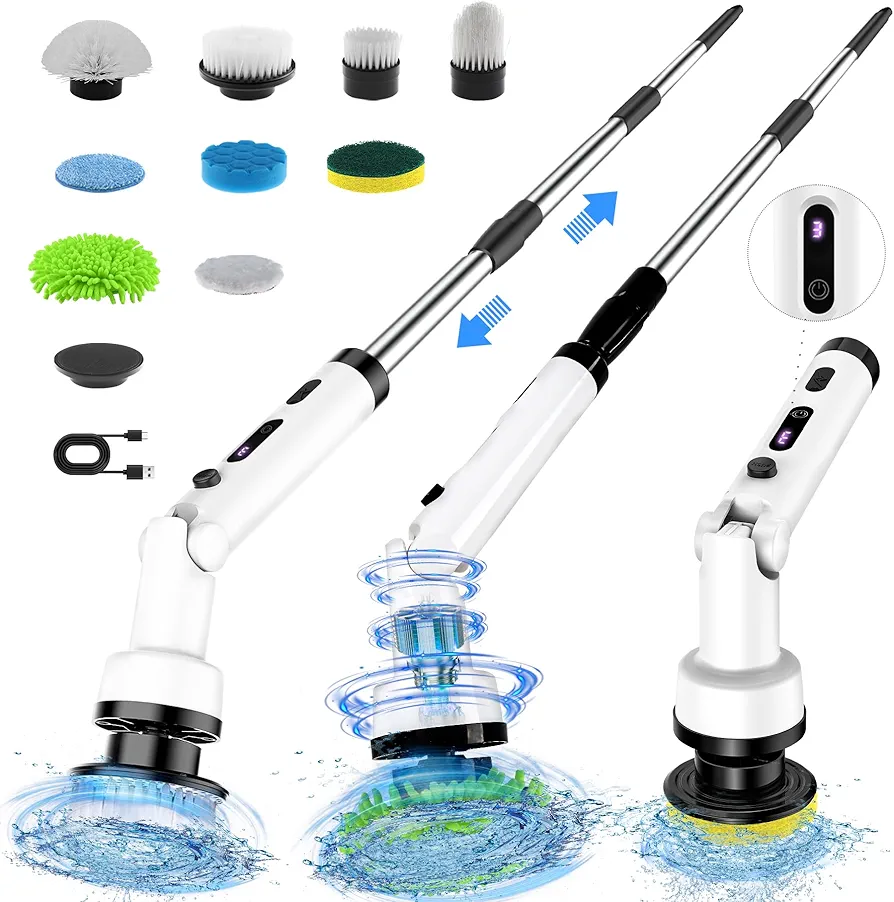 TEMOLA Electric Spin Scrubber, Shower Scrubber with 9 Replaceable Electric Scrubber for Cleaning, Shower Scrubber with Long Handle 360 Power Scrubber 3 Adjustable Speed for Bathroom, Kitchen Cleaning