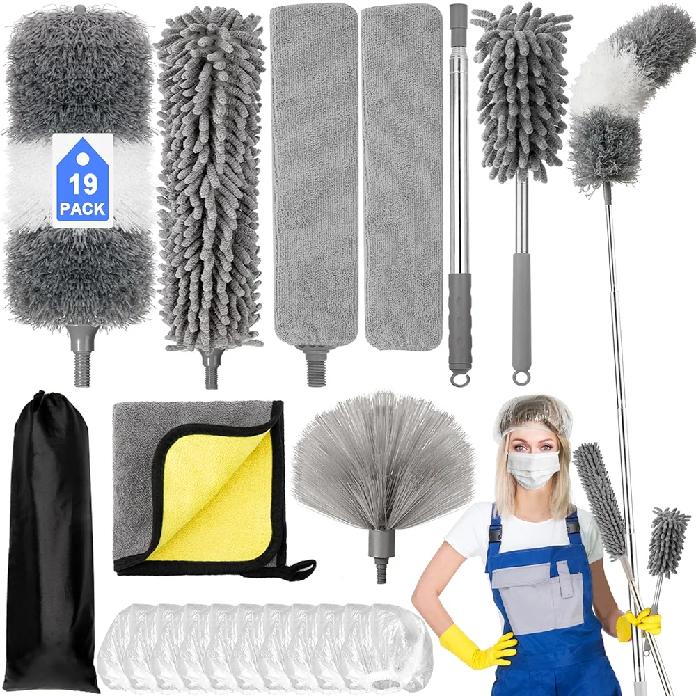 Microfiber Duster Kit 19 Pcs with 30 to 100 Inches Extension Pole, Reusable and Bendable Feather Duster, Washable Duster for Cleaning Ceiling Fans, High Ceilings, Cobwebs, Blinds, Cars