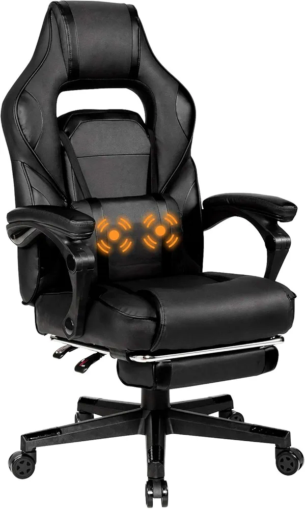 Giantex Ergonomic Gaming Chair, Executive Computer Office Chair with USB Massage Lumbar Cushion and Retractable Footrest, High Back Swivel Chair with Backrest and Height Adjustable (Black)
