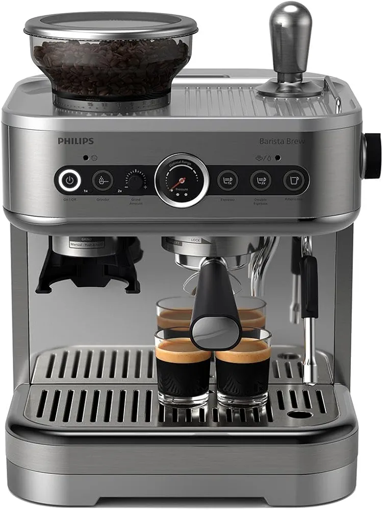 PHILIPS Barista Brew Semi Automatic Espresso Machine - Single & Double Espresso + Americano Button, 250g Bean Container, Intuitive Guidance, Calibrated Tamping, Metal Silver (PSA3218/01)