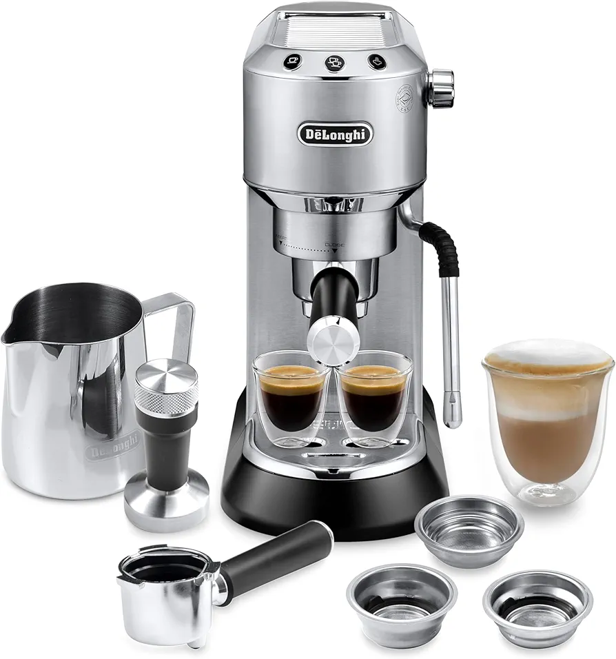 De'Longhi Dedica Arte Espresso Machine with Manual Milk Frother for Espresso, Capuccino, Latte, 35 Ounce Water Tank, Silver, EC885M