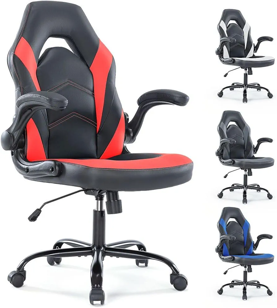 Heavy Duty Gaming Chair Ergonomic Gamer for Home Office with Lumbar Support, Adjustable Backrest, Flip-Up Armrest and Stable 360° Swivel Wheels for Adults, Professional Gamers and Teens, Black-Red