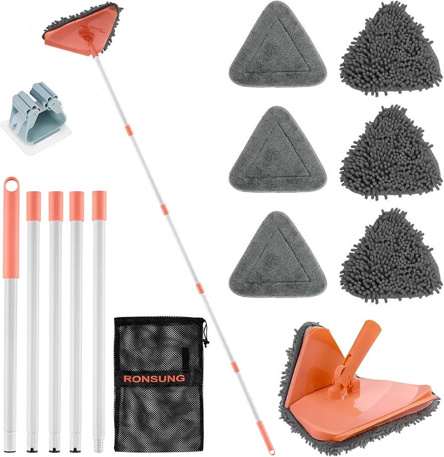 RONSUNG Wall Cleaner Triangle Mop with 82'' Long Handle - Wall Scrubber, Cleaning Washer Tool with 6 Pads for Clean Walls, Ceiling, Windows, Floors, Baseboards (Orange, 82'')