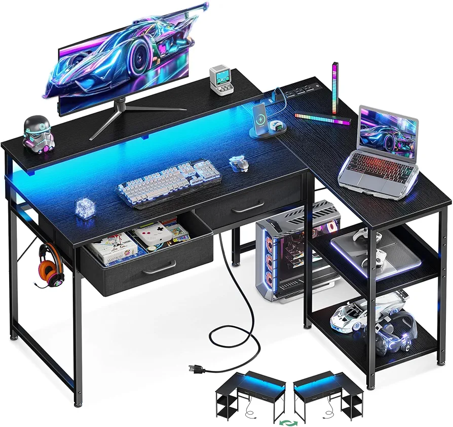 Coleshome 40 Inch L Shaped Gaming Desk with 2 Drawers & Storage Shelves, Computer Desk with USB Ports, Study Writing Table for Bedroom, Simple Modern Laptop Desk for Home Office, Black