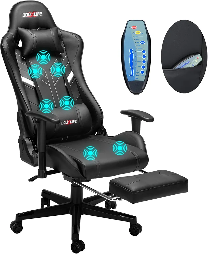 7-Point Massage Gaming Chair, 175° Gaming Recliner with Footrest Ergonomic Computer Gaming Office Chair High Back Video Game Chair with Lumbar Support, Upgraded Version Black