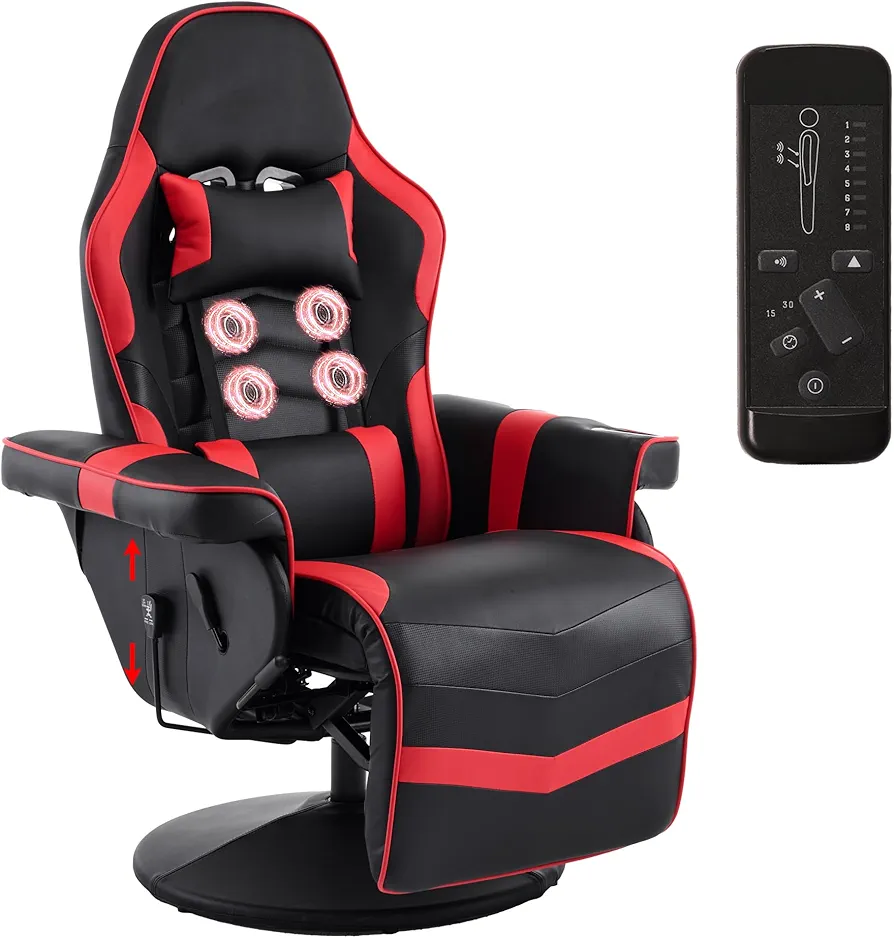 Massage Gaming Chair for Adults, Heavy Duty Reclining Office Chair with Footrest, Adjustable Backrest and Cup Holder, Black Red