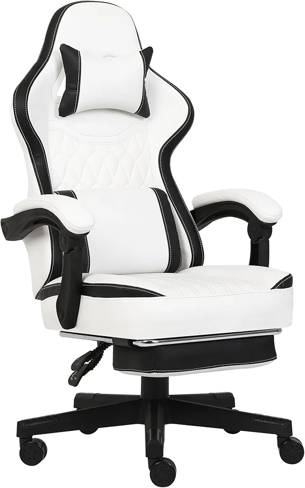 Gaming Chair Office Chair Ergonomic Video Game Chair Big and Tal Computer Chair with Footrest, Headrest and Lumbar Support, Comfortable 360°-Swivel Task Chair-White