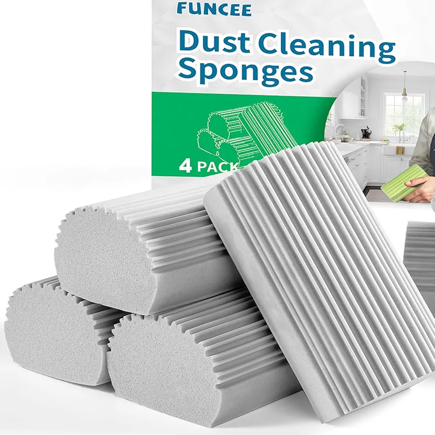 Dust Cleaning Sponge, [4 Pack] Damp Dusting Sponges, Scrub Dusters for Cleaning Blinds, Dishes, Glass, Baseboards, Vents, Railings, Mirrors, Window Track Grooves and Faucets, Gray