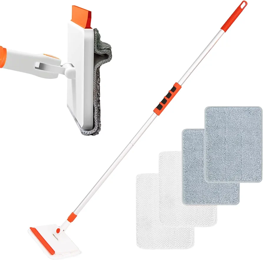 Qaestfy Wall & Baseboard Cleaner Mop Tool with 49'' Long Handle for Cleaning Window Floor Skirting Board Ceiling Bathtub Tub Tile Scrubber Brush Duster with 4 Reusable Pads
