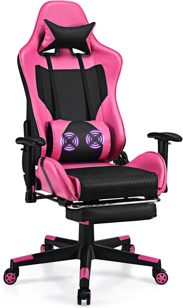 Giantex Massage Gaming Chair Pink, Ergonomic Video Game Chair with Footrest, High Back E-Sport Computer Chair with Headrest & Massager Lumbar Support, PU Leather Gaming Seat