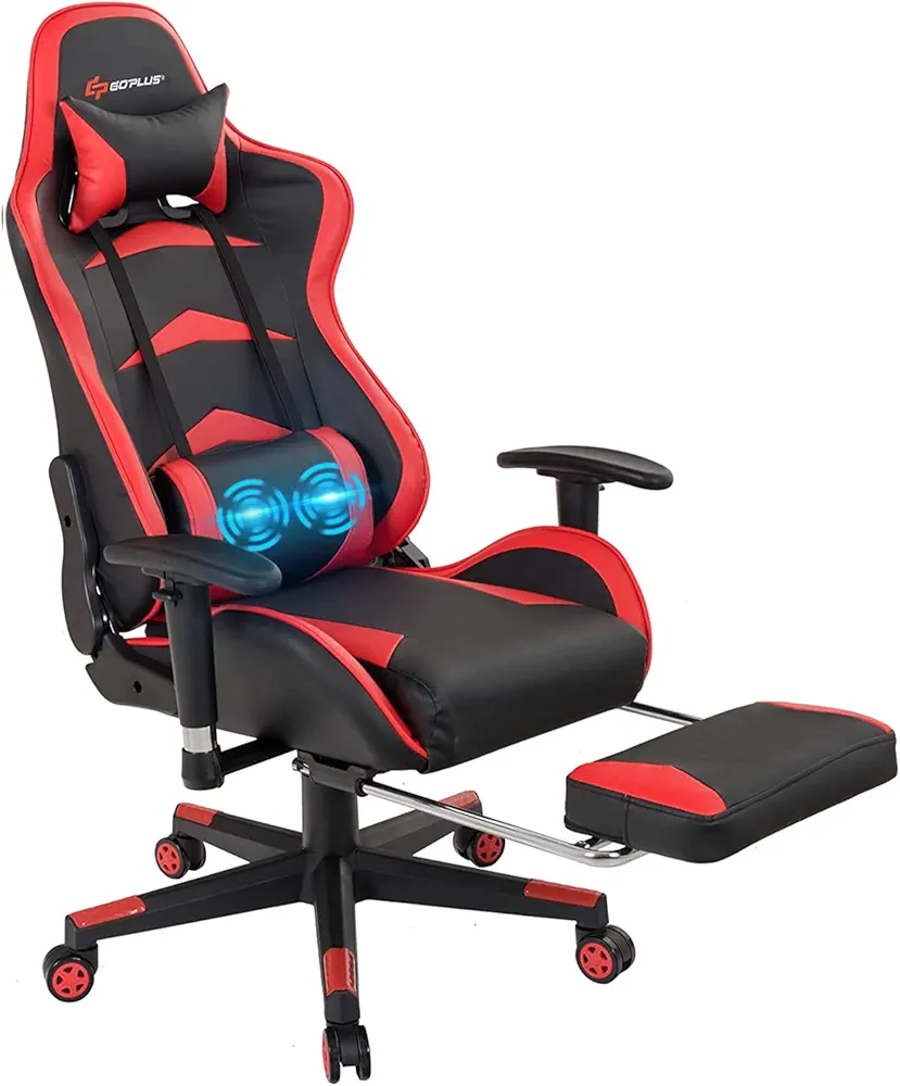 POWERSTONE Gaming Chair with Footrest Massage Ergonomic Office Computer Game Racing E-Sports Chair Lumbar Massage Pillow Footrest Headrest High-Back Leather Recliner Rolling Swivel Chair Red