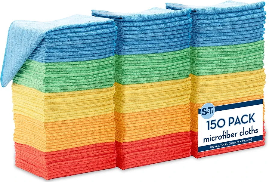 S&T INC. 150 Pack Microfiber Cleaning Cloth, Bulk Microfiber Towel for Home, Reusable Microfiber Towels for Cars, Assorted, 11.5 in. x 11.5 in., 150 Count