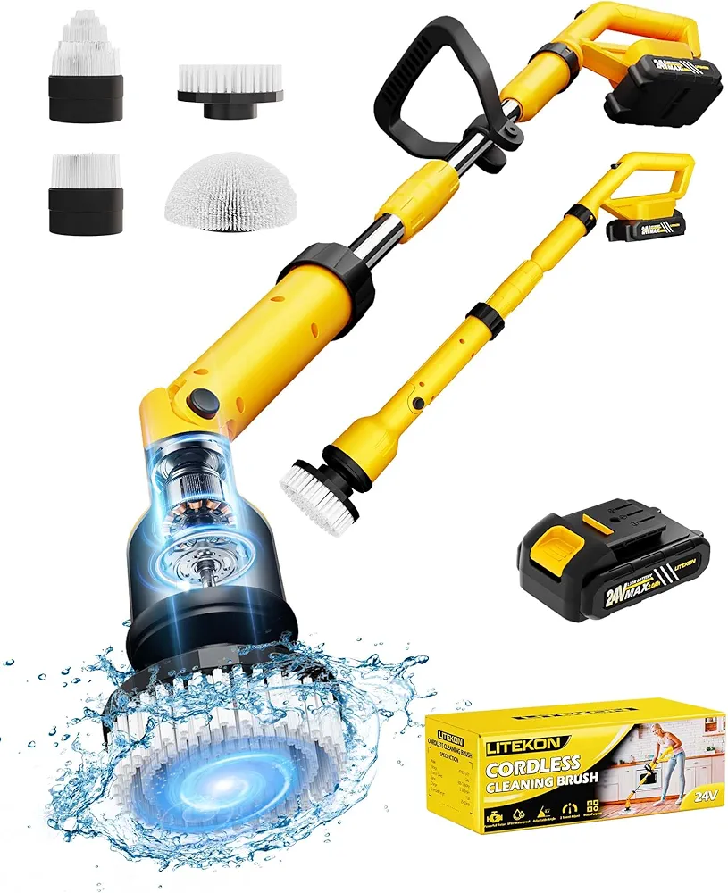 1200RPM Battery Electric Spin Scrubber with Handle, High Power Cordless Electric Scrubber with 4 Replaceable Shower Scrubber for Bath/Tub/Tile/Floor, Long Lasting Battery & Quick Charger Included