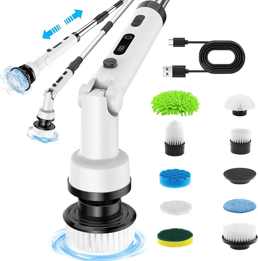 Electric Spin Scrubber,Cordless Cleaning Brush,Shower Cleaning Brush with 9 Replaceable Brush Heads,Power Scrubber 3 Adjustable Speeds,Adjustable & Detachable Handle,180° Foldable Host (White)
