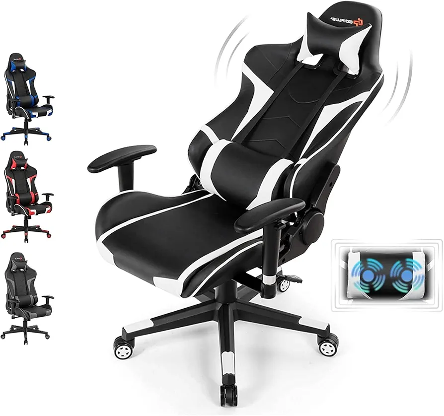 Massage Gaming Chair, High Back Office Computer Chair with Headrest and Lumbar Support, Racing Style Reclining Swiveling Game Chair for Home Office (White)