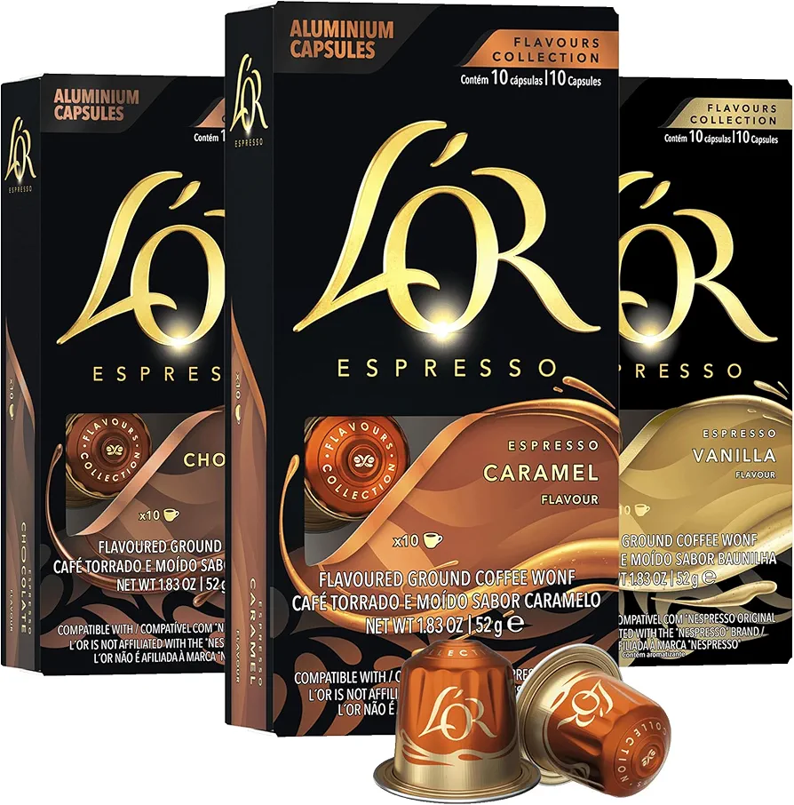 L'OR Espresso Capsules, 30 Count Variety Pack Vanilla/Chocolate/Caramel, Single-Serve Aluminum Coffee Capsules Compatible with the L'OR BARISTA System & *Nespresso Original Machines