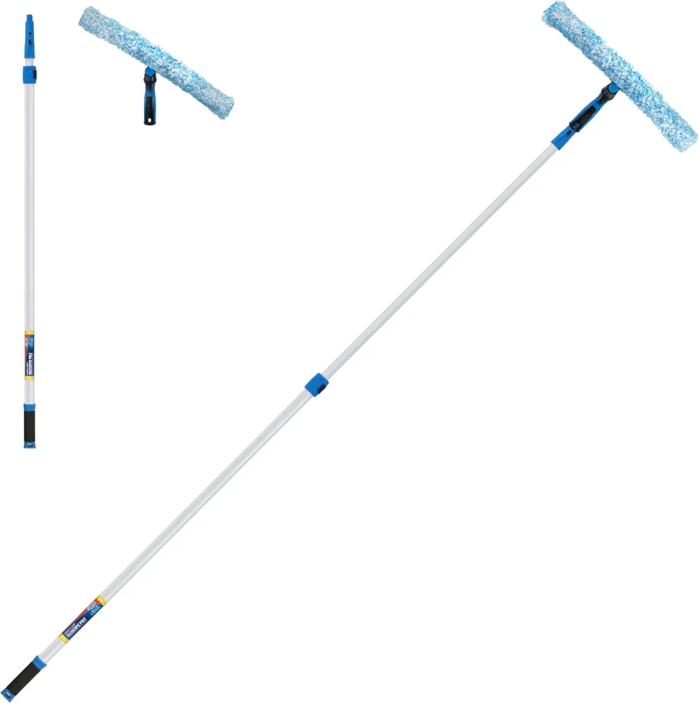 Unger Professional 18” Professional Grip Microfiber Window Scrubber with 8’ Connect & Clean Pole - Window Cleaning Supplies, Household Cleaning Tools, High-Access Window Cleaning Tool
