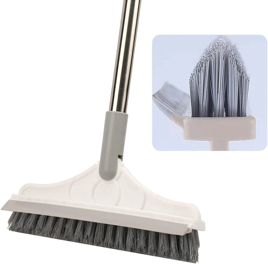 2 in 1 Floor Brush Scrubber with Long Handle Grout Brush 2023 New Upgrade Scrape Stiff Bristle Cleaning Scrub Brush with Squeegee 120°Rotating Tile Brush for Cleaning Bathroom Glass Patio Kitchen