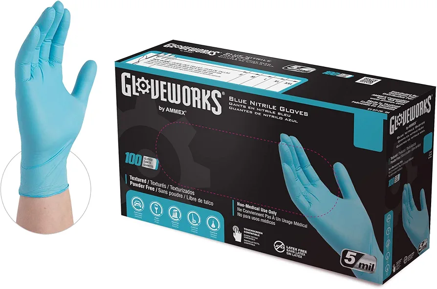 GLOVEWORKS Blue Disposable Nitrile Industrial Gloves, 5 Mil, Latex & Powder-Free, Food-Safe, Textured, Small, Box of 100