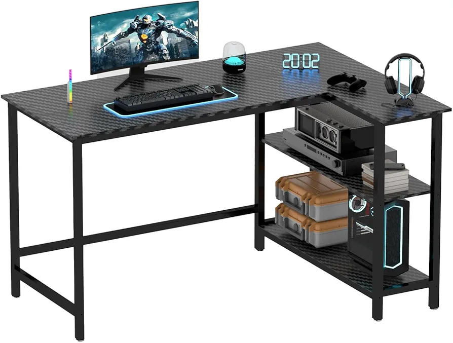WOODYNLUX L Shaped Desk - 43 Inch Gaming Desk, Computer Corner Desk, Home Office Writing Desk with Shelf, Space-Saving Workstation Table, Modern Simple Wooden Desk, Carbon Black