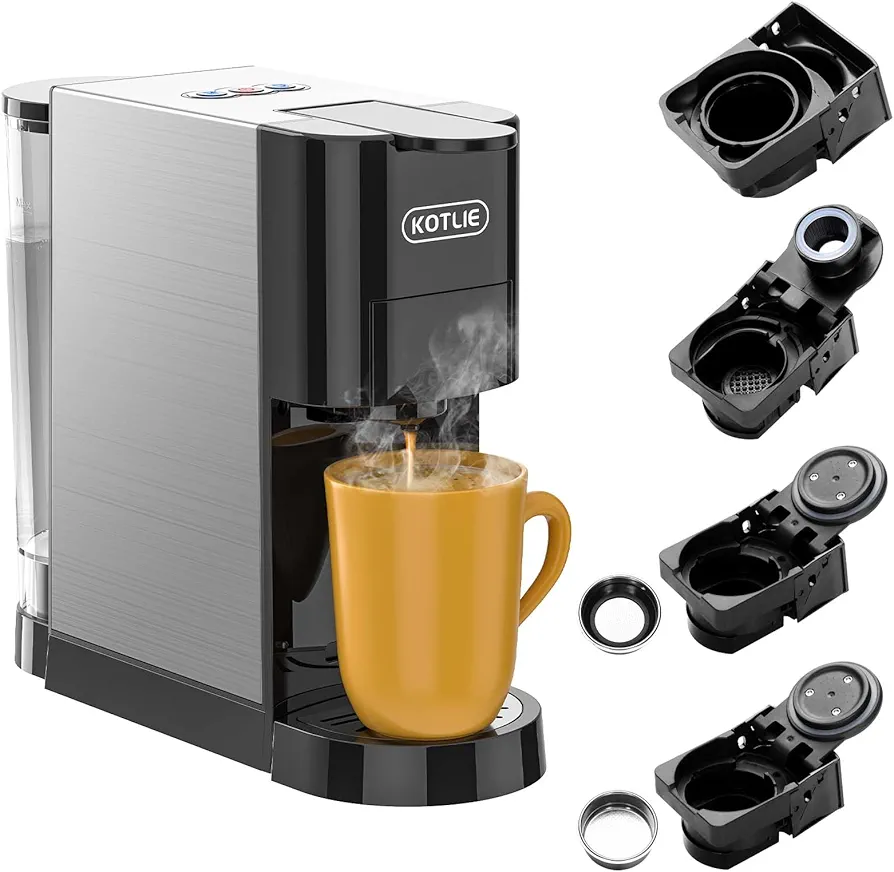 KOTLIE Single Serve Coffee Maker, 19Bar Pressure Multifunctional 4in1 Espresso Coffee Machine for K-cup Capsule/NES* Original Capsule/Ground Coffee/44mm ESE Coffee bag AC-513H