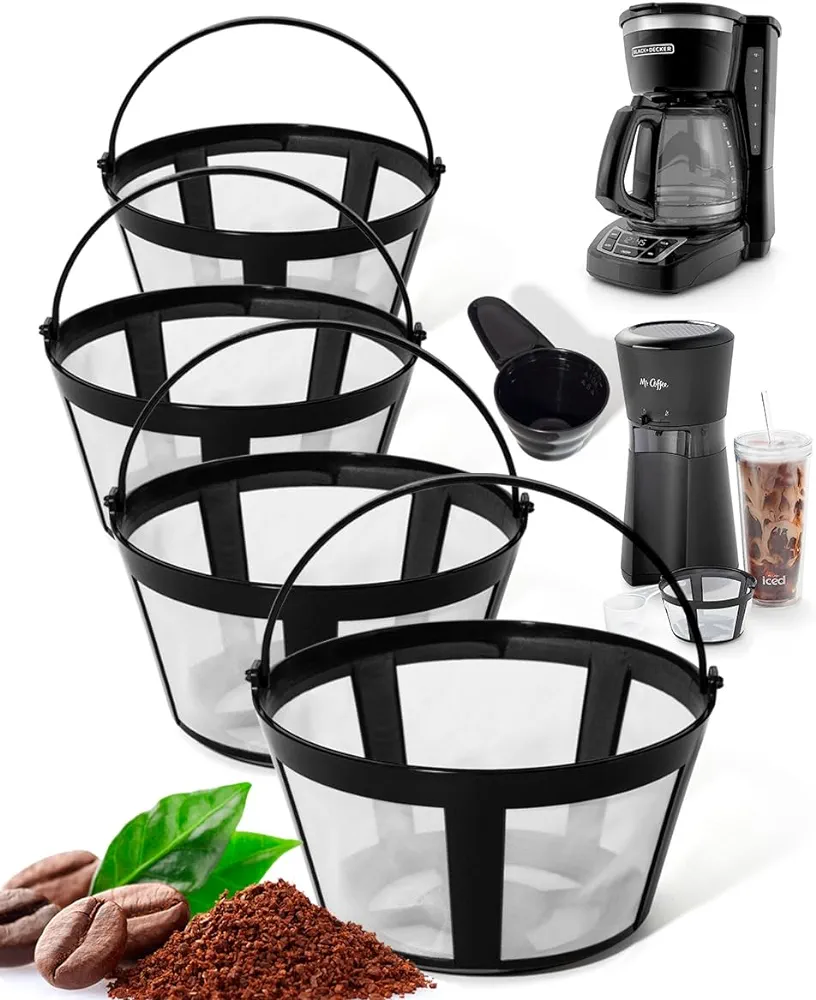 Reusable Coffee Filters 4 Packs - 8-12 Cup Mr Coffee Filters Permanent Basket Coffee Filter Reusable for Mr. Coffee, Black & Decker Coffee Maker-with Handle, Safe& Easy to Clean