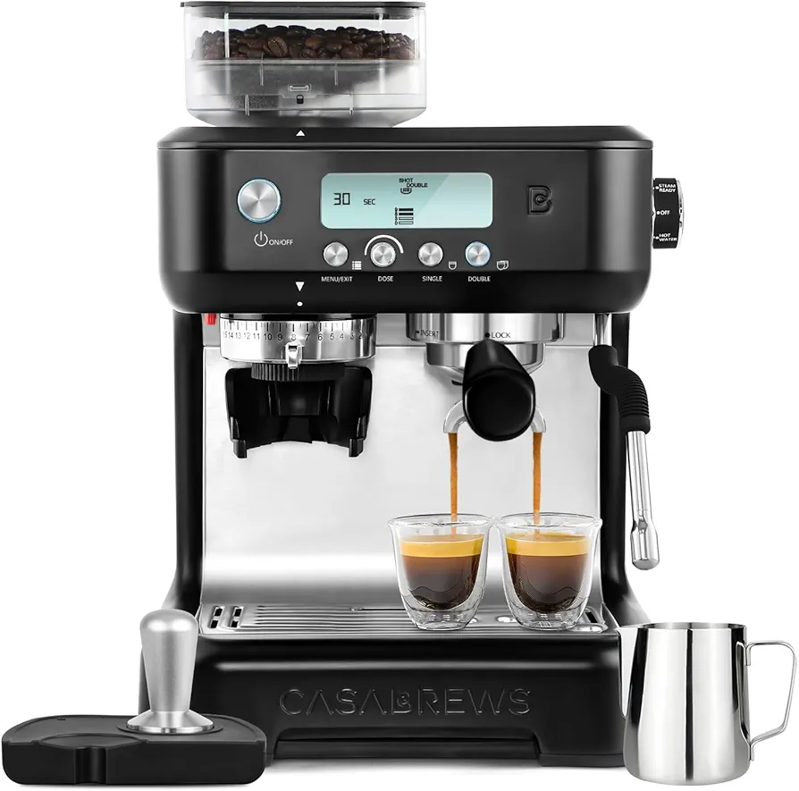 CASABREWS Espresso Machine with Grinder, Professional Cappuccino Latte Machine with Powerful Milk Frother Steam Wand, Barista Espresso Maker with LCD Display, Gifts for Mom, Dad and Family, Black
