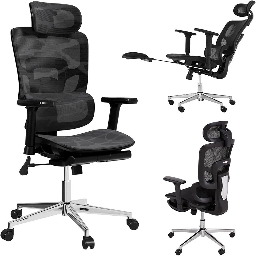 Novilla Ergonomic Office Chair, Adjustable Headrest with 3D Armrest, Office Chair with Adjustable Lumbar Support, Retractable Footrest, Mesh Office Chair High Back Gaming Chair, Black