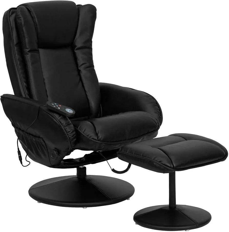 Flash Furniture Poppy Massaging Multi-Position Plush Recliner with Side Pocket and Ottoman in Black LeatherSoft