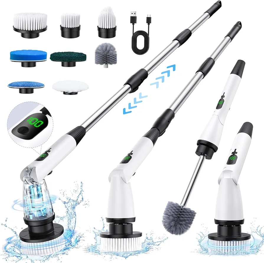 Electric Spin Scrubber with 8 Replaceable Brush Heads 3 Adjustable Angle Waterproof LED Display Cordless Cleaning Brush Supplies Bathroom Cleaner Set Long Handle Power Scrubber for Shower Floor Tub