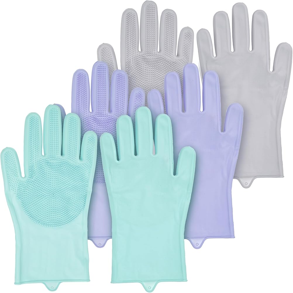 3 Pairs Silicone Scrubbing Gloves with Bristles – Water & Heat Resistant Cleaning Gloves for Kitchen, Bathroom, Cars & Pets | Reusable Household Gloves for Tough Dirt | Multi-Purpose Scrubbers