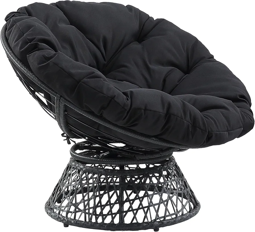 OSP Home Furnishings Wicker Papasan Chair with 360-Degree Swivel, Grey Frame with Black Cushion
