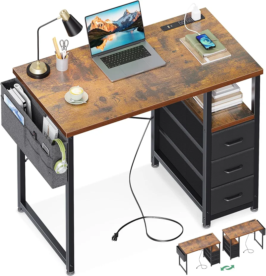 AODK 32" Small Computer Desk with Fabric Drawers and Charging Station, Kids Girls Teen Study Writing Desk for Bedroom, Home Office Desk with Storage Shelf & Bag, Vanity Table for Small Space, Vintage