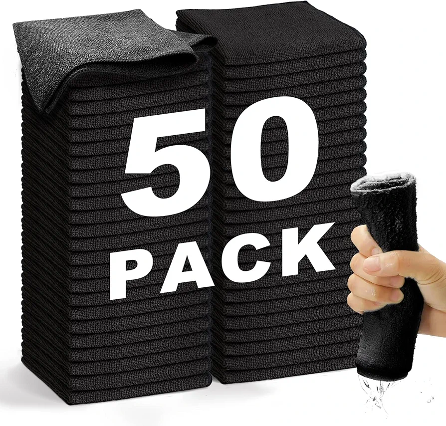 Microfiber Cleaning Cloth-50Pcs (13x13 inch) 2100 Series Ultra Soft Highly Absorbent Rags for Cleaning, Reusable and Lint Free Cleaning Towels for Housekeeping-Machine Wash (Black)