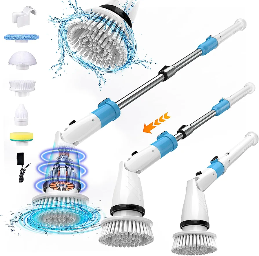 Electric Spin Scrubber,Shower Cleaner Brush,Cordless Shower Scrubber with 5 Replaceable Heads,Electric Scrubber with Long Handle for Cleaning Bathroom Tile Tub Floor Kitchen